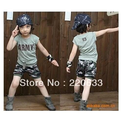 Retail 2014 new summer clothing for children/kids boy camouflage sport suit short sleeve tshirt+pants set size 100-140