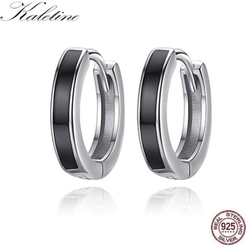 KALETINE Hip Hop 925 Sterling Silver Small Hoop Earrings CZ Black Black Round Circle Huggie Earrings For Women Men Jewelry 2019