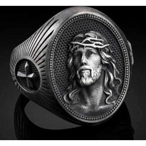 Boho Vintage Black Jesus Cross Ring Men Christian Rings for Women Anniversary Gifts Fashion Steampunk Jewelry Anillos Mujer