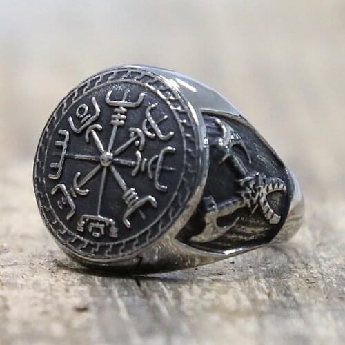 Unique Mens Viking Compass Rings Cool Stainless Steel Pirate Double Axe Rings Men Boys Punk Biker Rings Male Halloween Jewery