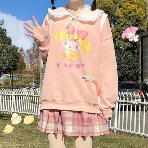 Japanese Cute Student Korean Version Loose Cartoon Rabbit Print Soft Girl Pink Sweatshirt Female Long-sleeved O-Neck Pullover