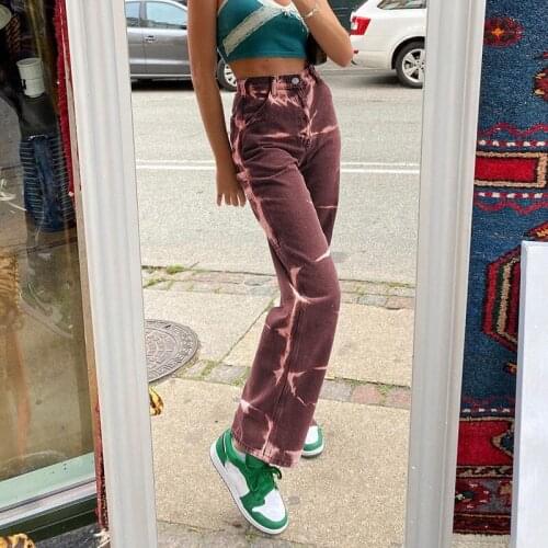Woman Pants Brown Gray Tie Dye Print Harajuku Jeans Women Casual Skinny High Waist Pants Ladies Streetwear Denim Trousers HipHop