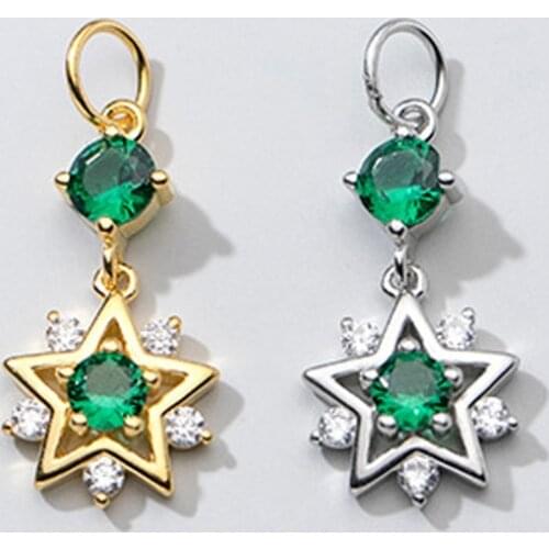 925 Sterling Silver Romantic Green Zircon Inlaid Star Dangle Charms 18.8mm Length Manual Women Earrings Necklace Silver Pendants