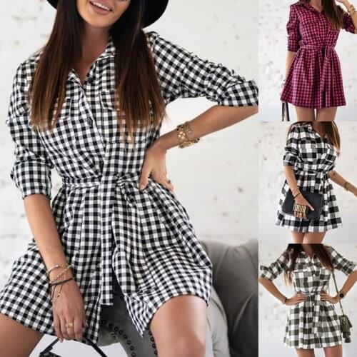 AYES WomenS Clothing Dresses spring autumn Casual Plaid Print Dress Long Sleeve A-Line Dress Fashion Belt Ladies Mini Dress