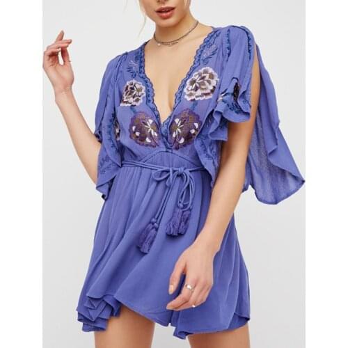 OrGypsy Ethnic Summr Dress Women Casual Loose Cotton Open Shoulder Sleeve Deep V-neck Embroidered Mini Sexy Dresses Vestidos New