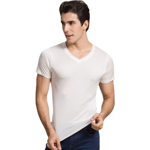 100% Natural Silk Knitted Mens T-shirt Double-faced Knitted Pure Silk Men T-shirt Silk T-shirt Men 100% Silk Tops