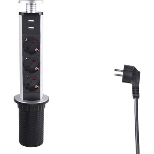 16A PULL POP UP 3 Power Socket 2 USB Charging Port Kitchen Table Desktop Sockets Retractable Countertops Worktop EU Plug A3