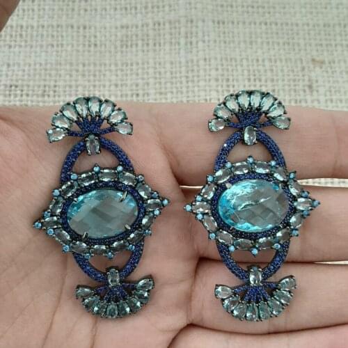 925 Sterling Silver Earrings Blue Stone Statement Long Big Boho Cute Dangle Stud Earrings серьги с камнями 925