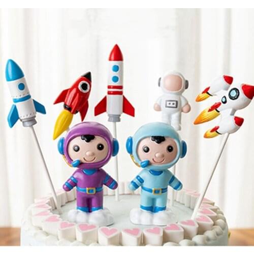 Astronaut Space Rocket Cake Topper For Boys Happy Birthday Baby Shower Cake Flag Decor Home Decorations Resin Crafts Boy Gifts