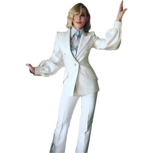 Two Pieces White Women Tuxedos Shawl Lapel Suits For Women One Button Lantern Sleeve Business Formal Party Wear Custom Made