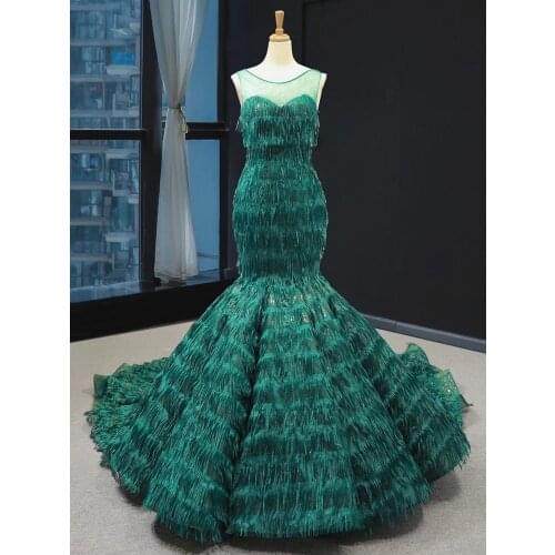 DD JYOY Green Puffy Mermaid Evening Dress Long Train Tiered Design Blingbling Lining Elegant Evening Gown Long Train Lace Up