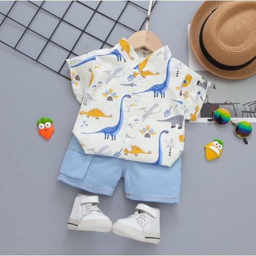 2Pcs Childrens Sets Summer Toddler Kids Baby Boys Cartoon Dinosaur Gentleman Shirt Tops+Denim Shorts Outfit Kids Sets 2021