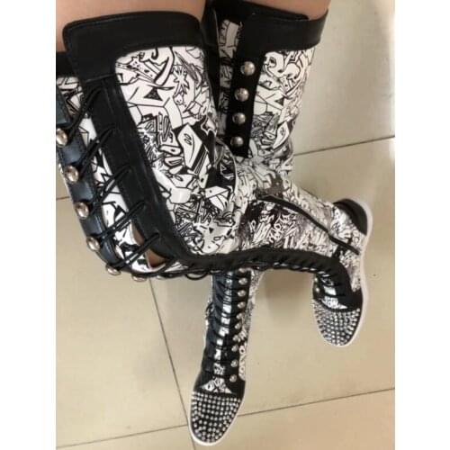 Factory Ladies Over The Knee Boots Ladies Thick Sole Rivets Studs Toe Graffiti Shiny Leather Thigh High Cross-tie Lace Up Botas
