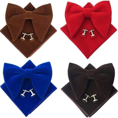 12x10.5CM Large Bow Tie Set Mens Banquet Velveteen British Solid Color Pocket Towel Cufflinks Oversized Bowtie Three-Piece Sets