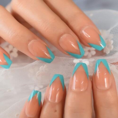 Shiny Gel Skin-coloured Faux Nails Medium Green UV Designs Finger False Nails French Coffin Nails Art Tips