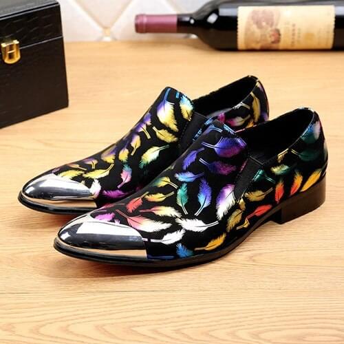 Italian Men Dress Shoes Vintage Genuine Leather Men Shoes Printed Party Wedding Handmade Loafers Slip on Men Flat