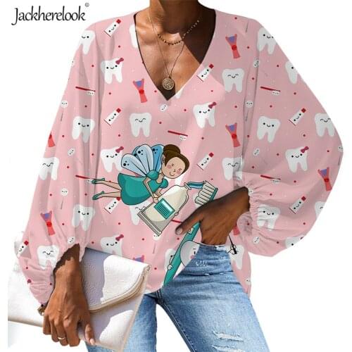Jackherelook Womens Blouse Summer Shirt Pink Tooth-Dentist Nurse Pattern Sexy V Neck Shirts Blusas Casual Summer LadiesTop Tee