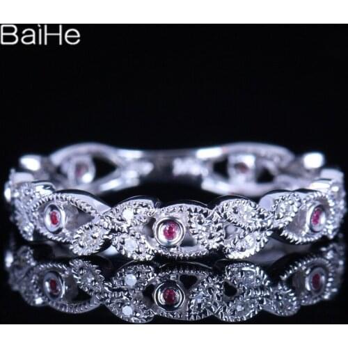 BAIHE Solid 14K White Gold 0.2CT Natural Diamonds & Rubies Wedding Gift Women Trendy Fine Jewelry Ruby Diamond Ring