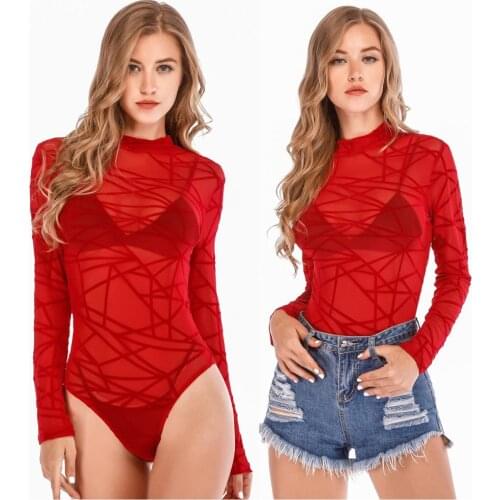 Bodysuit Women Jumpsuit Bodycon Jumper Body Thong Skinny High Neck Underwear Mesh Transparent Lace Long Sleeve Sexy Christmas