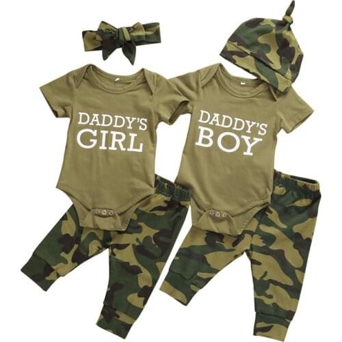 2020 Infant Baby Girls Boys Clothes Sets 0-12M Letter Camouflage Print Short Sleeve Romper Tops+Pants Headband/Hats