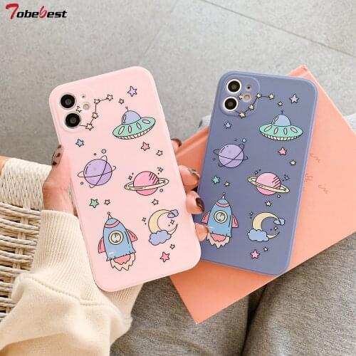 Space Ship Dinosaur Phone Case For iPhone 11 Pro Max 12 Mini XS SE 2020 X XR 7 8 Plus Square Straight Edge Silicone Soft Cover