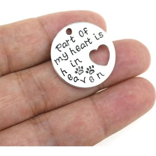 20 Pcs/Lot Diameter 25mm Round Charms Printed Part Of my heart is heaven in dog foot Words Silver Color Pendant For Jewely