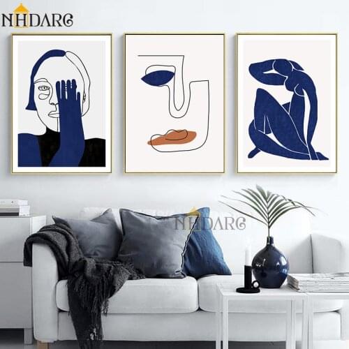 Minimalist Human Blue Style Wall Art Canvas Poster Print Fashion Vintage Abstract Painting Picture for Living Room Home Decor
