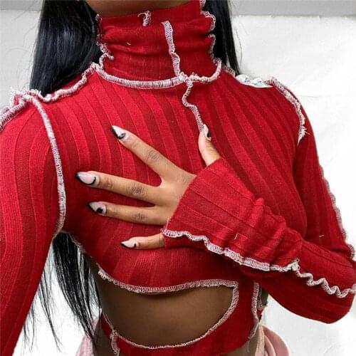 Fashion Y2K Women T-Shirt Turtleneck Long Sleeve Stitching Tee Irregular Side Hollow Out Skinny Cropped Club Tshirts Top Clothes