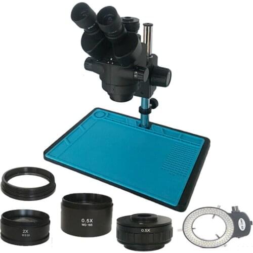 New Model 7X-45X Simul-Focal Trinocular Zoom Stereo Microscope 0.5X C-Mount table stand Industrial jewelry phone PCB repair