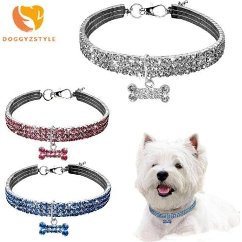 Cute Crystal Dog Necklace 3 Rows of Rhinestone Stretch Line Pet Collar Bone Shiny Kitten Necklaces Diamond Decor Pet Accessory