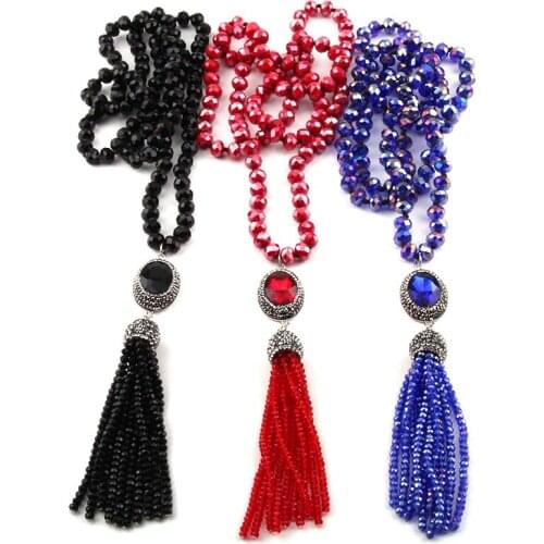 Fashion Bohemian Jewelry Glass Knotted Crystal Handmake Paved Link Tassel Necklace For Women Ethnic Necklace