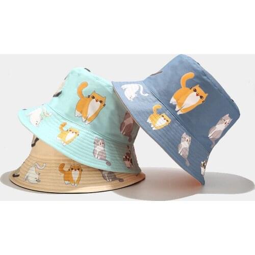 LDSLYJR Cotton Cartoon Cat Print Bucket Hat Fisherman Hat Outdoor Travel Hat Sun Cap Hats for Men and Women 352