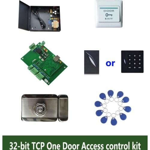 RFID 32-bit access control kit,TCP/ip one door access control+powercase+intelligent mute lock+ID reader+button+10 tag,sh:kit-T09