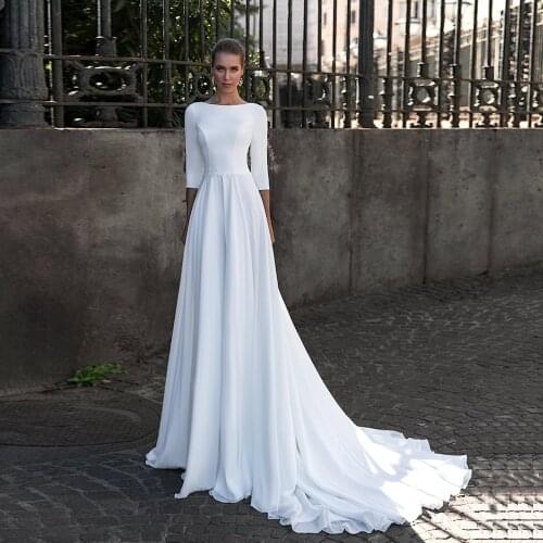 Modest Chiffon Wedding Dress Real Photo Three Quarter Sleeves Scoop Neck Long Wedding Dresses Robe De Mariage Simple Bridal Gown