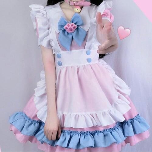 Super Cute Japanese Lolita Dress Headwear Apron Cosplay Uniforms Set Female Cute Maid Clothes Halloween Costumes Women Gangster