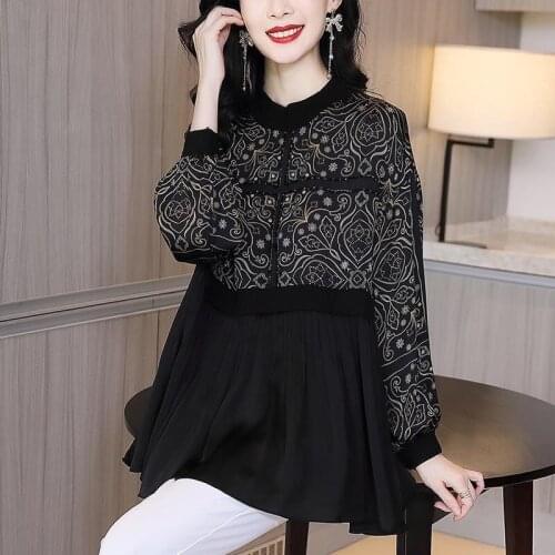 2020 Spring Autumn Womens Vintage Black Loose Beading Chiffon Top Blouse , Woman Clothes , Women Floral Printed Tops Blouses