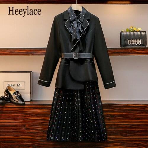 Plus size office ladies autumn two piece set for women black notched long sleeve blazer and polka dot print pleated dresses suit