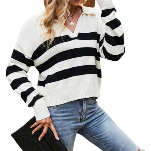 Autumn Women Color Block Knitting Top Casual Loose Sweater Striped Turn-down Collar Long Sleeve Knit Pullover