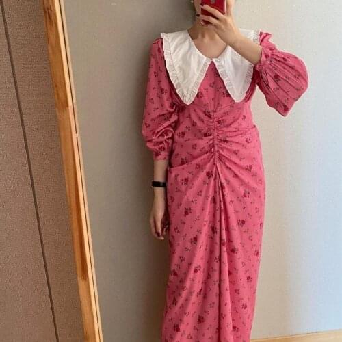 Spring New Long Sleeve Elegant Korean Floral Peter Pen Collar Woman Maxi Dress YOU196