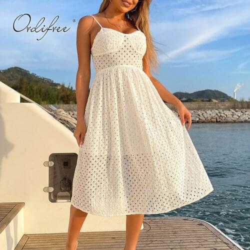Ordifree 2021 Summer Women Embroidery Midi Dress Spaghetti Strap Vintage Beach Wear Vocation White Lace Party Dress