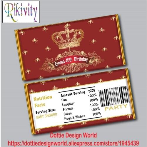 Gold Crown Personalized 40th Birthday Party Favors Candy Bar Hershey Chocolate Wrapper Stickers Water Bottles Labels Decoration