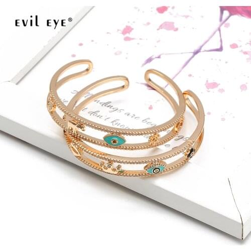 EVIL EYE Gold Color Micro Pave Open Cuff Bracelet Turkish Eye Fatima Hand Heart Bangle Fashion Jewelry for Women Girls BD241