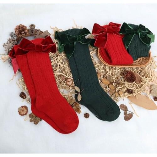 12pairs Infant Baby Girls Christmas Socks Newborn Toddler Knee High Socks Bow Knot Solid Cotton Autumn Winter Tights Leg Warmer