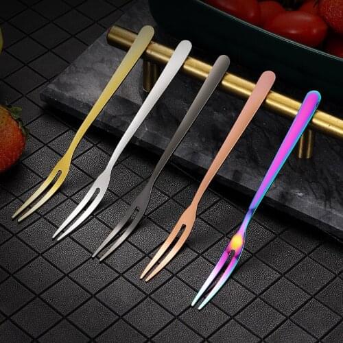 2pcs/set Gold Fruit Fork Two-tine Fruit Fork Set Tableware Multi-color Dessert Forks For Cake Salad Tool Kitchen Accessories