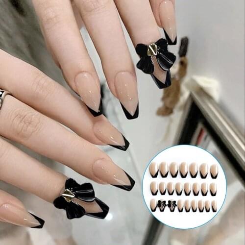 24pcs Artificial Nails With Glue Long Nail Piece With Bow Decor Adhesive Manicure Patch False Nails Press On Nails Nail Patch DL