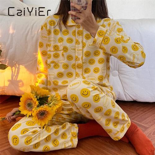 CAIYIER 2021 Winter Women Pajamas Suit Korea Cute Round Smiley Face Sleepwear Yellow Lapel Collar Long Sleeve Printing Nightwear