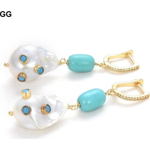 GG Jewelry Natural Freshwater Cultured White Keshi Pearl Blue Turquoises Dangle CZ Pave Hook Earrings For Women