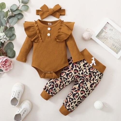 Newborn Girl Clothes Ruffle Button Romper + Lepoard Print Pants Baby Girl Clothes Set Infant Kids Clothing Fall Baby Outfits