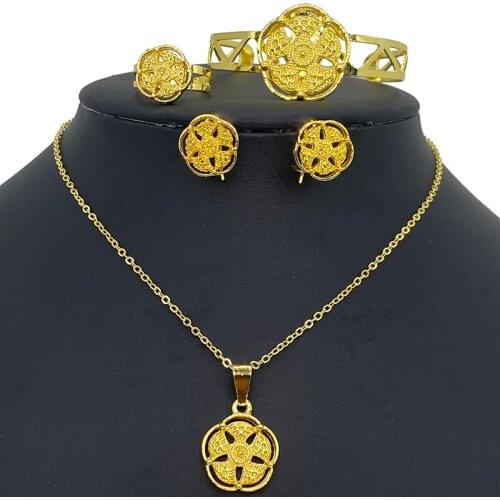 Ethiopian Kids Earrings Rings Sets Bridal Jewelry Gold Color African Bangles for Baby Girls Jewelry Dubai Arabic Name Necklace