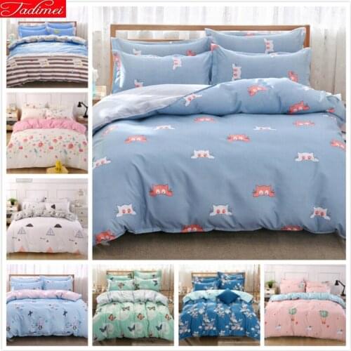 Cute Kitty Cat Pattern Blue Duvet Cover 3/4 pcs Bedding Set Couple Kids Child Soft Cotton Bed Linen Single Full Queen King Size